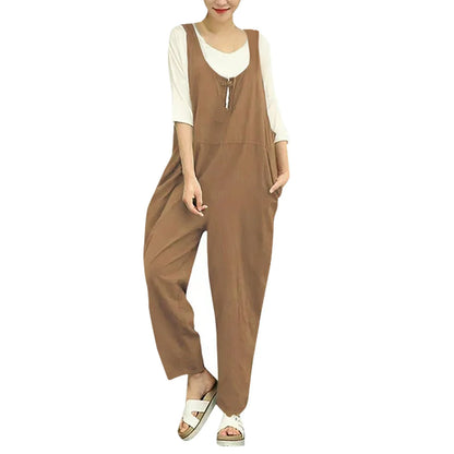 Enterizo sencillo sin mangas con pantalones largos para mujer, de verano, de algodón fino con bolsillos, informal, multicolor, con cuello en V y tirantes