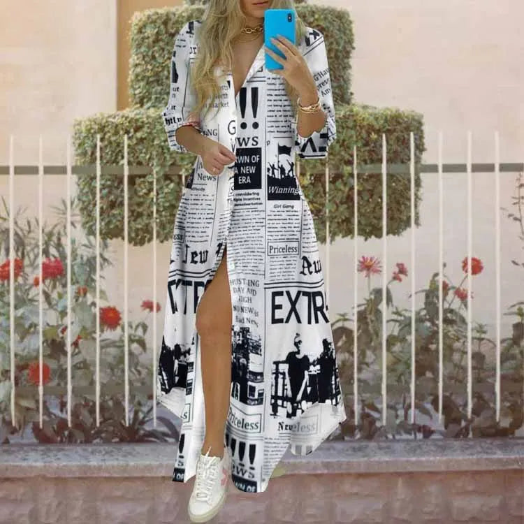 Vintage Elegant Retro Print Women's Shirt Dress Fashion Casual Holiday Dress Long Sleeve Irregular Office Lady Summer New Dress