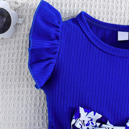 Vestido de verano para niña, nuevo, con mangas cortas y volantes, lazo plisado, cinta azul y blanca, elementos de porcelana, estilo chino, para fiesta de cumpleaños.