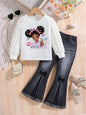 Conjunto de moda para niña de primavera y otoño con cuello redondo blanco, estampado de dibujos animados, manga larga y pantalones adelgazantes de color liso, dos piezas