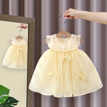 Ropa para niños, vestido de niña, nuevo estilo de verano, vestido de princesa con mangas voladoras y lazo para bebé, vestido de noche infantil con hilo de nubes