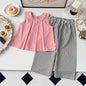 Conjunto de dos piezas de verano con chaleco caqui y pantalones anchos a rayas Bear Leader, ropa sencilla sin mangas para niños de 3 a 7 años.